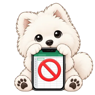 Cosmo the Pomeranian holding a phone with a blocked spreadsheet